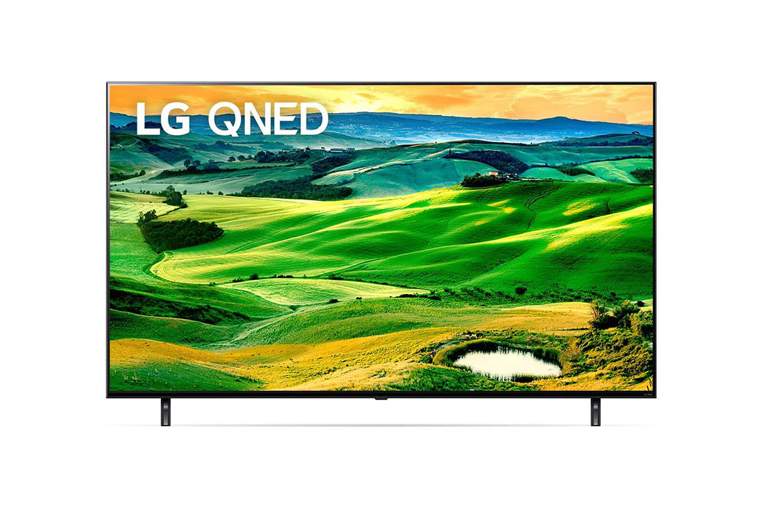 LG QNED80 55'' 4K Smart QNED TV, A front view of the LG QNED TV with infill image and product logo on, 55QNED80SQA