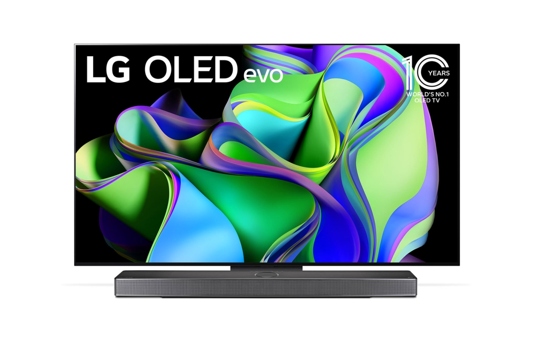 LG OLED evo C3 55 inch TV 4K Smart TV 2023 | Wall mounted TV | TV wall design | Ultra HD 4K resolution | AI ThinQ, front view, OLED55C3PSA
