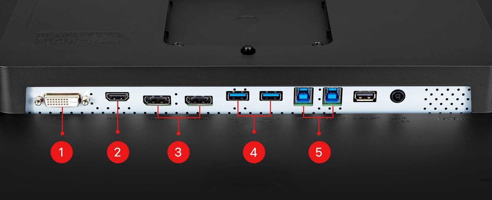 DVI IN, HDMI™, DisplayPort x 2, USB 3.0 en aval x 2, USB 3.0 en amont x 2.