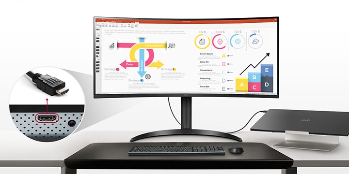 Grâce au port d’entrée HDMI, le LG 34CR651N peut être utilisé comme un moniteur en le connectant à un ordinateur ou un portable avec un câble HDMI.