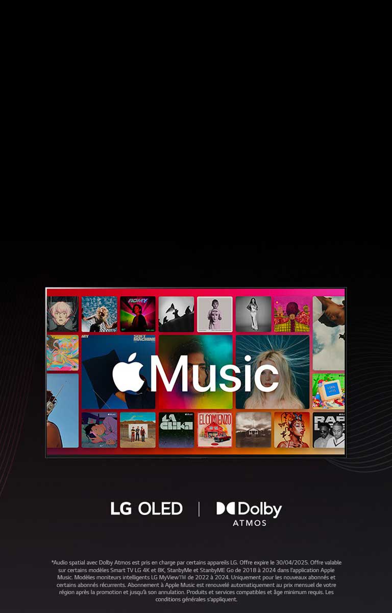 Une présentation en grille d’albums avec le logo Apple Music au-dessus et les logos LG OLED et Dolby Atmos en dessous.