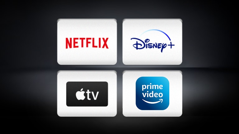 Netflix, Disney+, Apple TV och Amazon Prime Video -logotypen är arrangerade horisontellt på en svart bakgrund