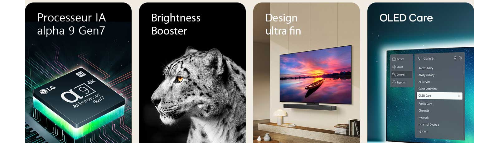 Un processeur IA alpha 9 Gen 7 de LG sur une carte mère, émettant des éclairs de lumière verte.Brightness Booster avec une image de la tête d’un léopard blanc.Un design Ultra fin et la barre de son LG positionnés plats contre le mur dans un salon moderne.