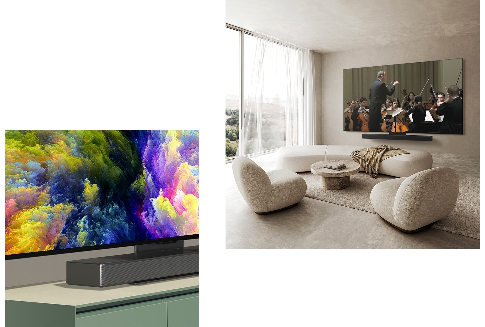 Een perspectief van uit een hoek van onderen van LG OLED TV, OLED C4 met een abstract kunstwerk van een bos op het scherm. De TV is bevestigd aan een LG Soundbar met de Synergy-beugel en een heeft een abstract kunstwerk van een bos op het scherm.   LG OLED TV, OLED C4 en een LG OLED TV in een minimalistische woonruimte, plat tegen de muur met een orkestoptreden op het scherm. 