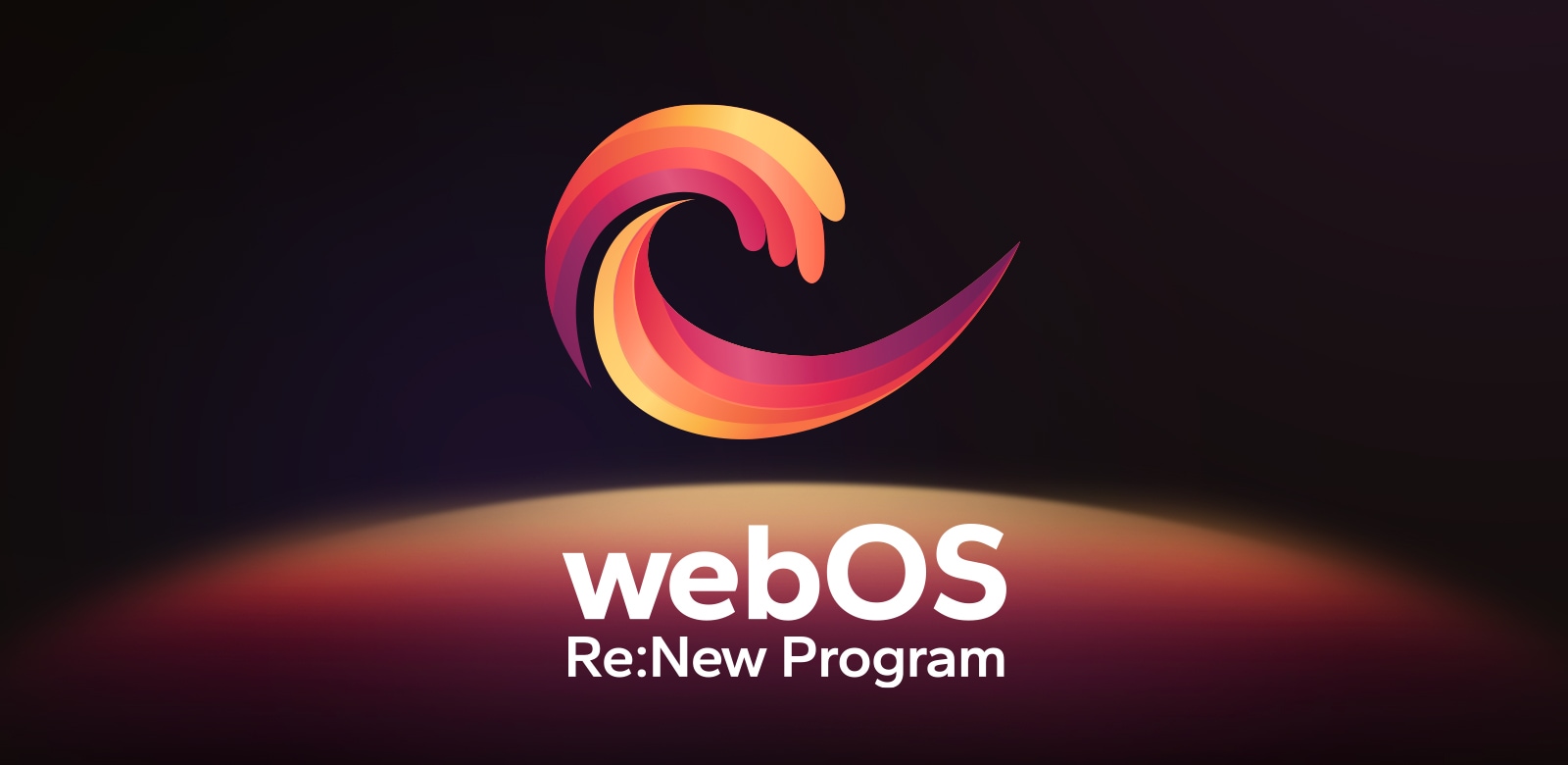 Het webOS Re:New Program-logo is te zien tegen een zwarte achtergrond, met een geel en oranje, paarse circulaire bol onderaan.