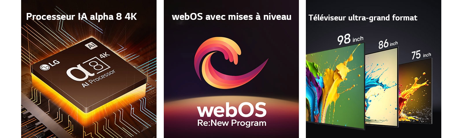 Le processeur IA alpha 8 4K est représenté avec une lumière orange émanant du dessous. Une spirale rouge, jaune et violette apparaît entre les mots « Upgradeable webOS » et « webOS Re:New Program ». Les téléviseurs LG QNED89, QNED90 et QNED99 sont présentés dans l’ordre de gauche à droite. Chaque téléviseur est orné d’un splash coloré et les mots « Ultra Big TV » (Téléviseur ultra grand format) sont affichés au-dessus des téléviseurs.