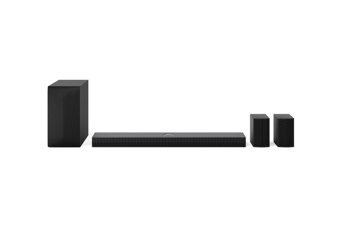 LG Barre de son pour TV avec Dolby Atmos 5.1.1 canaux DS70TR, Vue avant de la LG Soundbar S70TR, du caisson de basse et des enceintes arrières, DS70TR