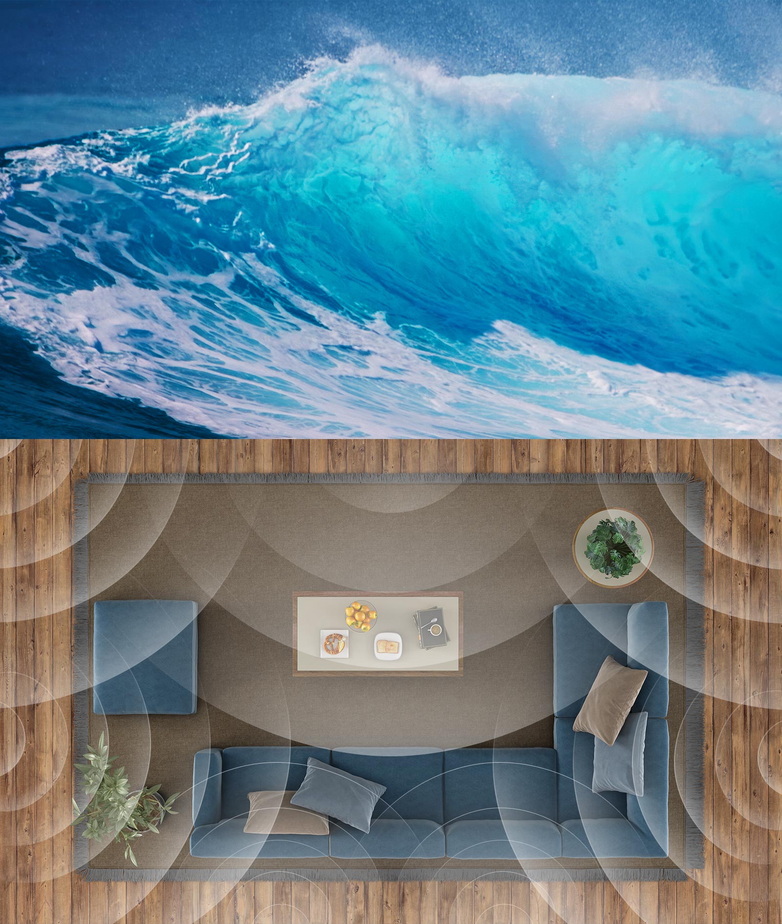 Dans le coin supérieur, on peut voir de fortes vagues dans la mer et dans le coin inférieur, une vue de dessus du salon avec un effet visuel de longueurs d’onde.