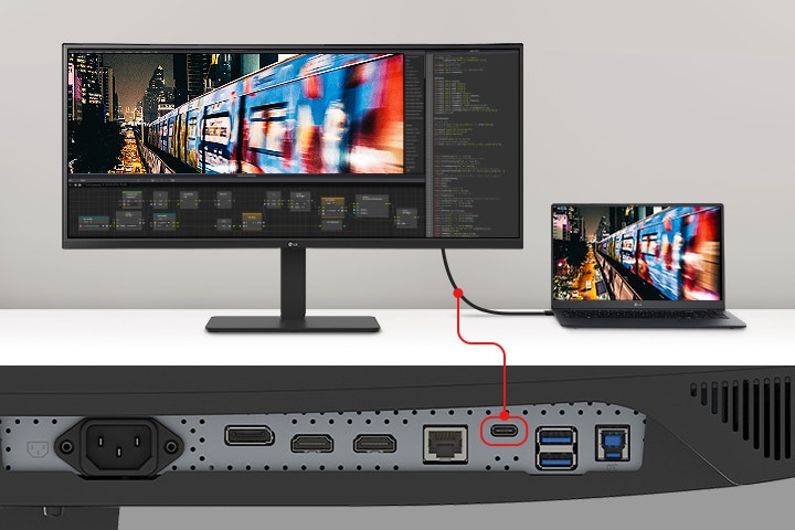 Une image d’un ordinateur portable et d’un moniteur connectés par un seul câble USB Type-C.