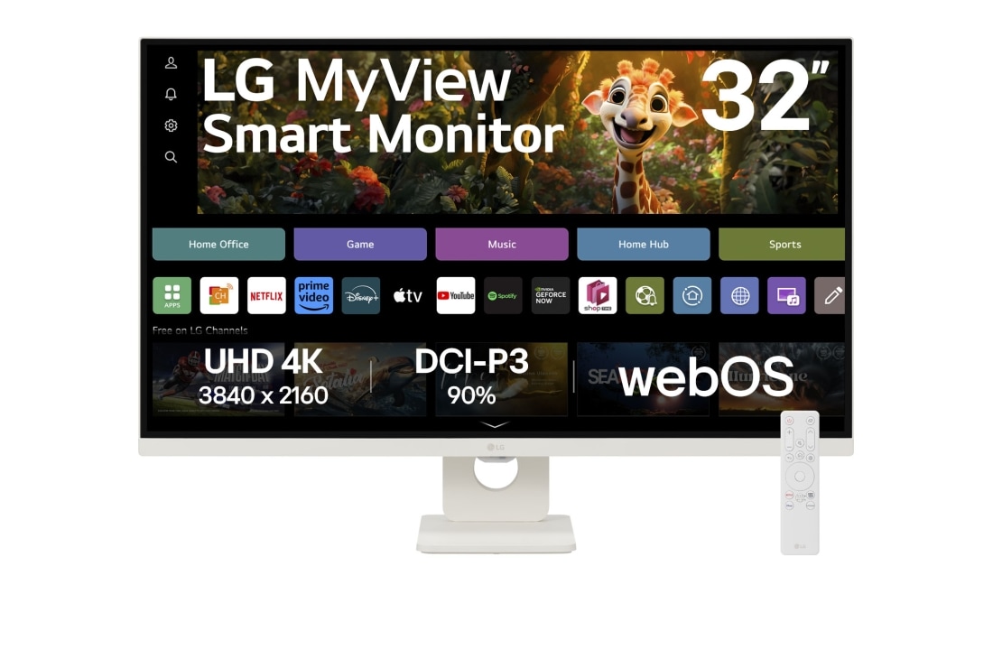 LG MyView Smart Monitor 4K UHD 32 pouces avec webOS, vue de face avec webcam et télécommande, 32SR73U-W