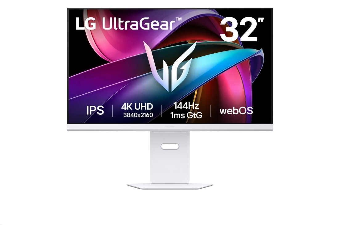 LG Moniteur pour jeu intelligent IA LG UltraGear™ 32 pouces UHD 4K 144Hz | 1ms (GtG), webOS, vue avant, 32G810SA-W