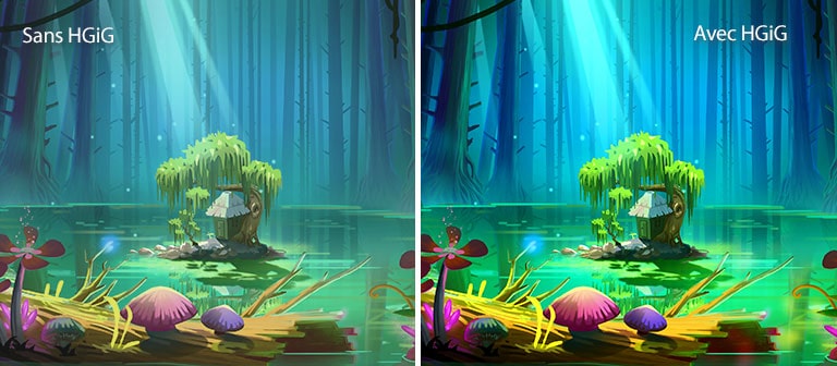 Une image animée d’une petite maison et d’un arbre, sur un petit terrain au milieu d’une mare entourée de grands arbres sans feuilles, accompagné du texte « avec HGiG » en haut à droite, l’image est plus lumineuse et de meilleure qualité que celle sans HGiG.