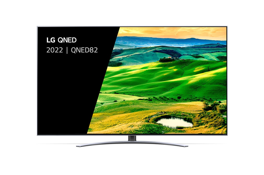 LG QNED82, Vue avant du téléviseur QNED de LG avec image de remplissage et logo du produit, 65QNED826QB