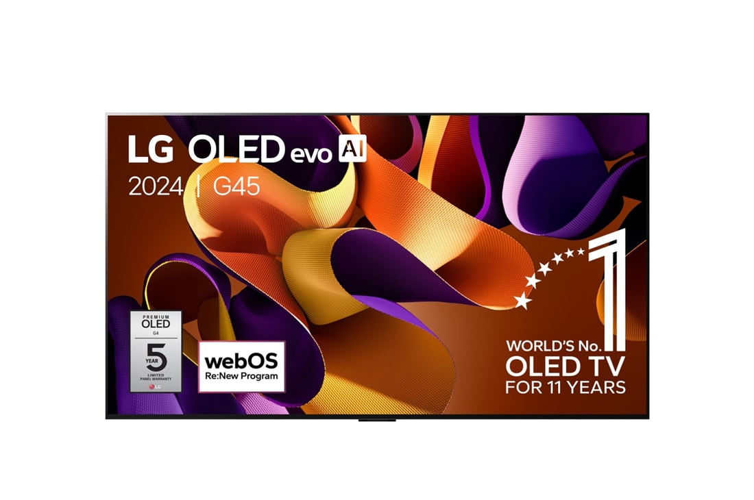 LG 55 pouces LG OLED evo AI G4 4K Smart TV OLED55G4, Vue de face du LG OLED evo AI TV, OLED G4 avec emblème OLED 11 ans numéro 1 mondial, logo webOS Re:New Program et logo de la garantie de 5 ans sur le panneau à l’écran, OLED55G45LW