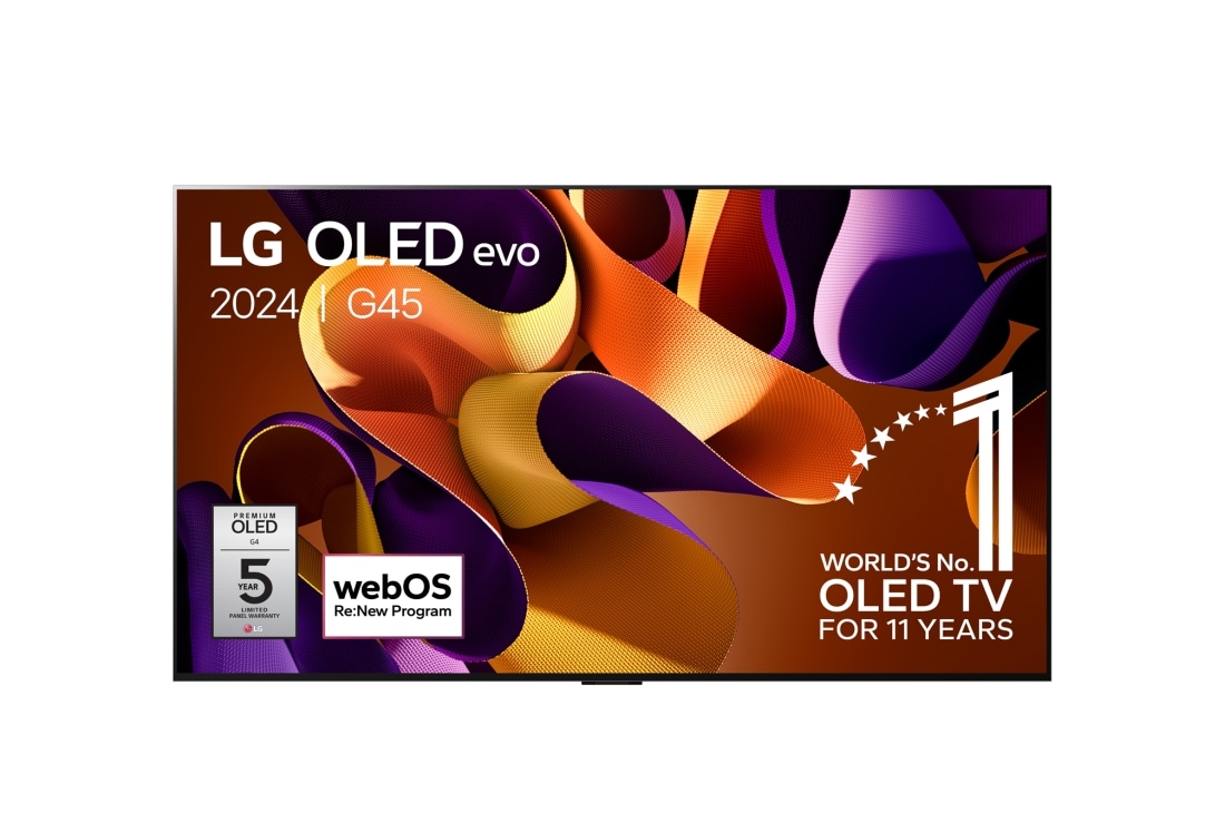 LG 55 pouces LG OLED evo G4 4K Smart TV OLED55G4, Vue de face avec LG OLED evo TV, OLED G4, l'emblème OLED 11 ans numéro 1 mondial et le logo de la garantie de 5 ans sur l'écran, OLED55G45LW
