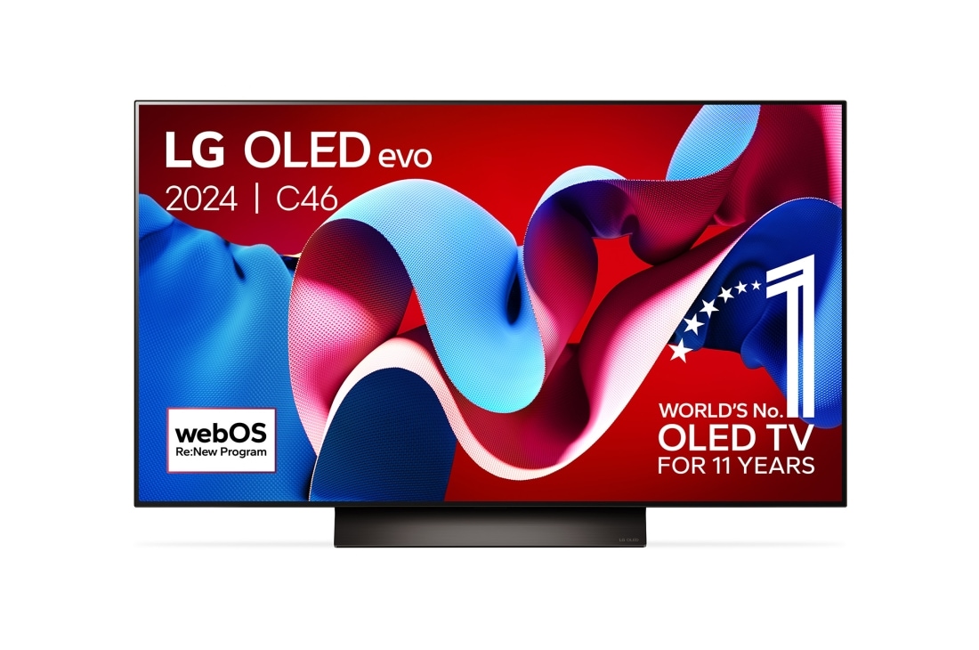 LG 48 pouces LG OLED evo C4 4K Smart TV OLED48C4, Vue de face du LG OLED evo TV, OLED C4 avec emblème OLED 11 ans numéro 1 mondial et logo du programme webOS Re:New à l’écran, OLED48C46LA