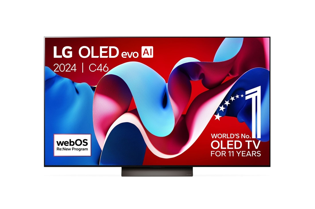 LG 65 pouces LG OLED evo AI C4 4K Smart TV OLED65C4, Vue de face du LG OLED evo AI TV, OLED C4, logo de l’emblème OLED 11 ans numéro 1 mondial et logo du programme webOS Re:New à l’écran, OLED65C46LA