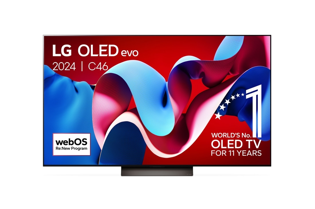 LG 65 pouces LG OLED evo C4 4K Smart TV OLED65C4, Vue de face du LG OLED evo TV, OLED C4 avec emblème OLED 11 ans numéro 1 mondial et logo du programme webOS Re:New à l’écran, OLED65C46LA