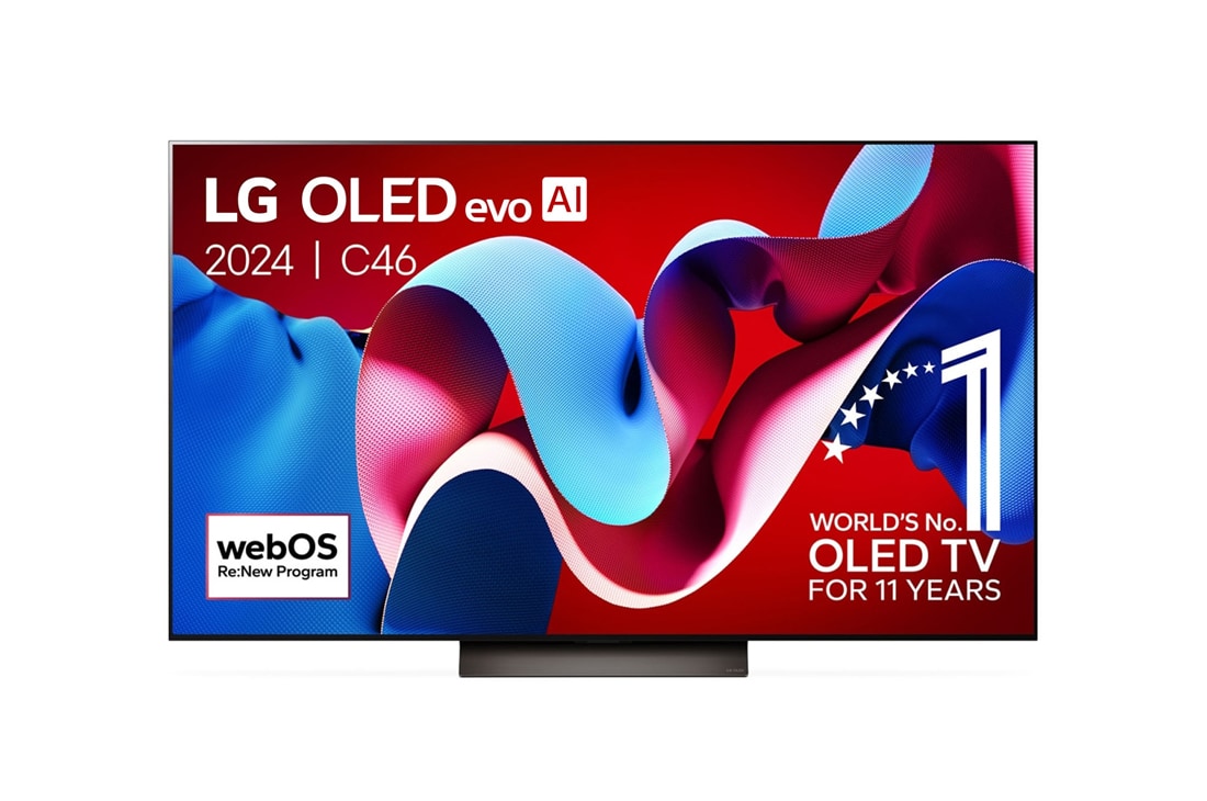 LG 77 pouces LG OLED evo AI C4 4K Smart TV OLED77C4, Vue de face du LG OLED evo AI TV, OLED C4, logo de l’emblème OLED 11 ans numéro 1 mondial et logo du programme webOS Re:New à l’écran, OLED77C46LA