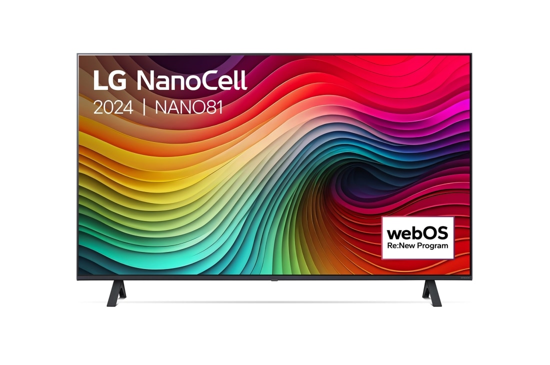 LG Smart TV LG NanoCell NANO81 4K de 43 pouces 2024, Vue de face du téléviseur LG NanoCell, NANO81 avec le texte LG NanoCell, 2024, et le logo webOS Re:New Program à l’écran., 43NANO81T6A