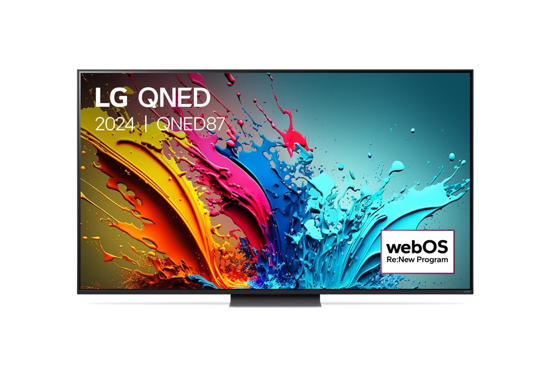 LG Smart TV LG QNED QNED87 4K 75 pouces 2024, Vue de face du téléviseur LG QNED, QNED87   avec le texte LG QNED, 2024, et le logo webOS Re:New Program à l’écran., 75QNED87T6B