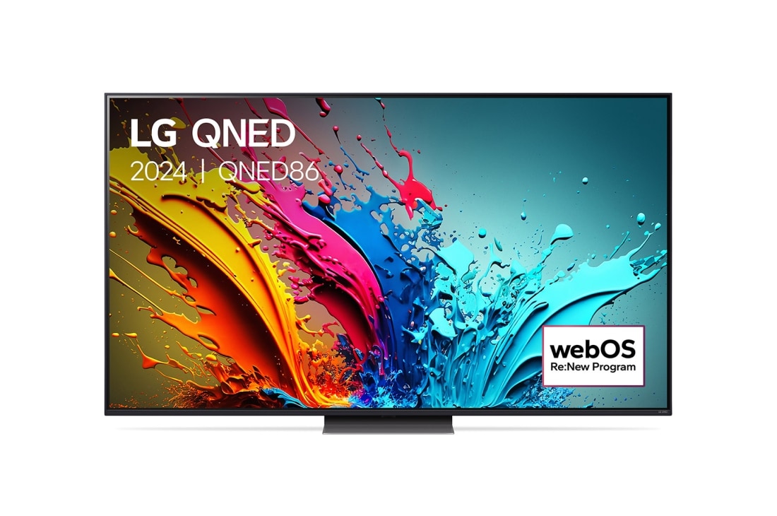 LG Smart TV LG QNED QNED86 4K 86 pouces 2024, Vue de face du téléviseur LG QNED, QNED85 avec le texte LG QNED, 2024, et le logo webOS Re:New Program à l’écran., 86QNED86T6A
