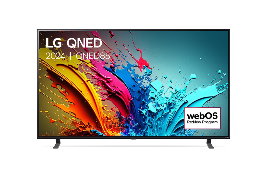 LG Smart TV LG QNED QNED85 4K 75 pouces 2024, Vue de face du téléviseur LG QNED, QNED85 avec le texte LG QNED, 2024, et le logo webOS Re:New Program à l’écran., 75QNED85T6C