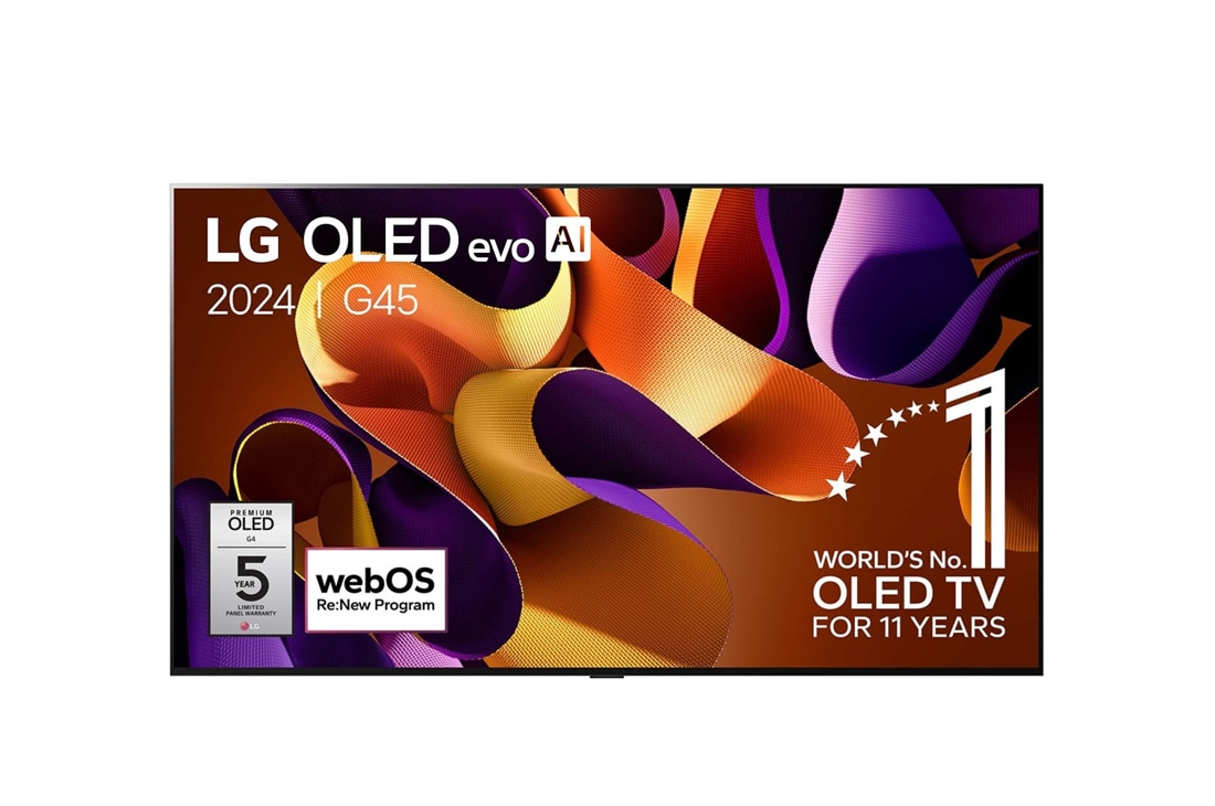 LG 97 pouces LG OLED evo AI G4 4K Smart TV OLED97G4, Vue de face du LG OLED evo AI TV, OLED G4 avec emblème OLED 11 ans numéro 1 mondial, logo webOS Re:New Program et logo de la garantie de 5 ans sur le panneau à l’écran, OLED97G45LW