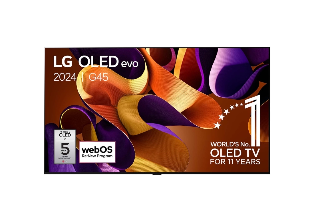 LG 97 pouces LG OLED evo G4 4K Smart TV OLED97G4, Vue de face avec LG OLED evo TV, OLED G4, l'emblème OLED 11 ans numéro 1 mondial et le logo de la garantie de 5 ans sur l'écran, OLED97G45LW