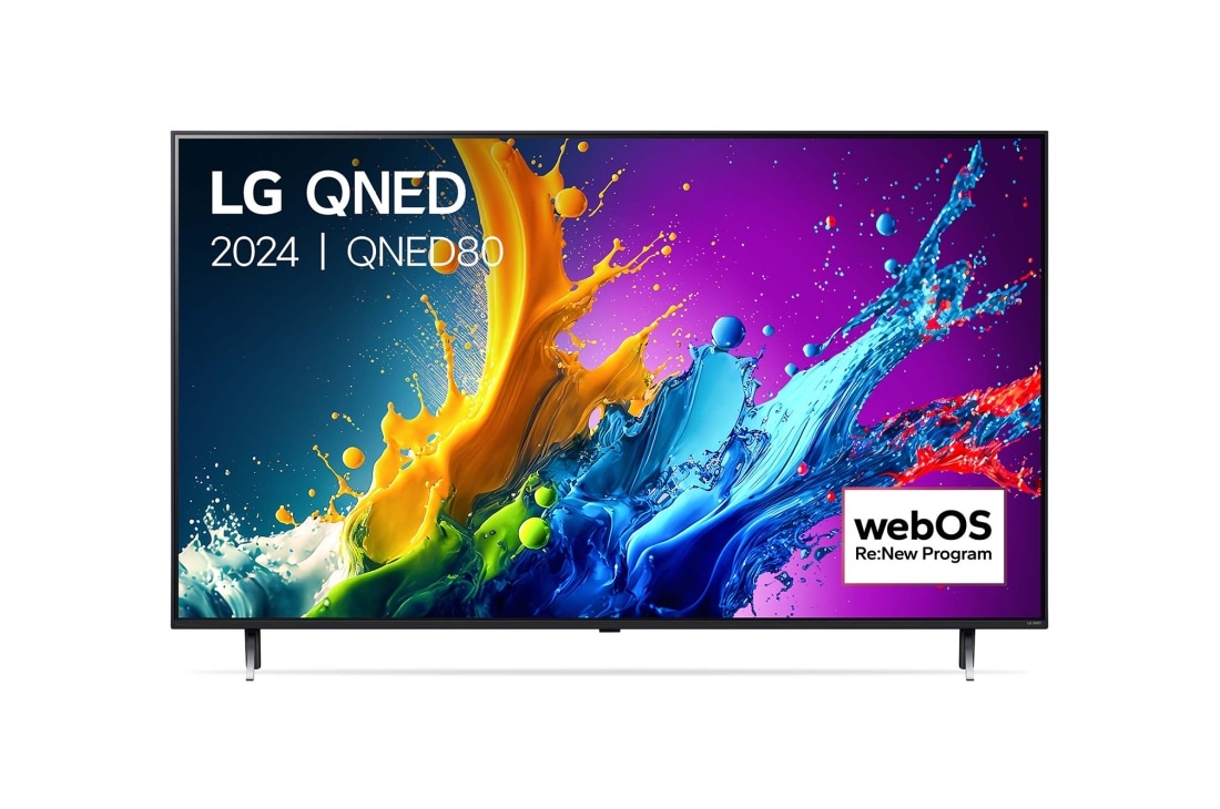 LG Smart TV LG QNED QNED80 4K 50 pouces 2024, Vue de face du téléviseur LG QNED, QNED80 avec le texte LG QNED, 2024, et le logo webOS Re:New Program à l’écran., 50QNED80T6A