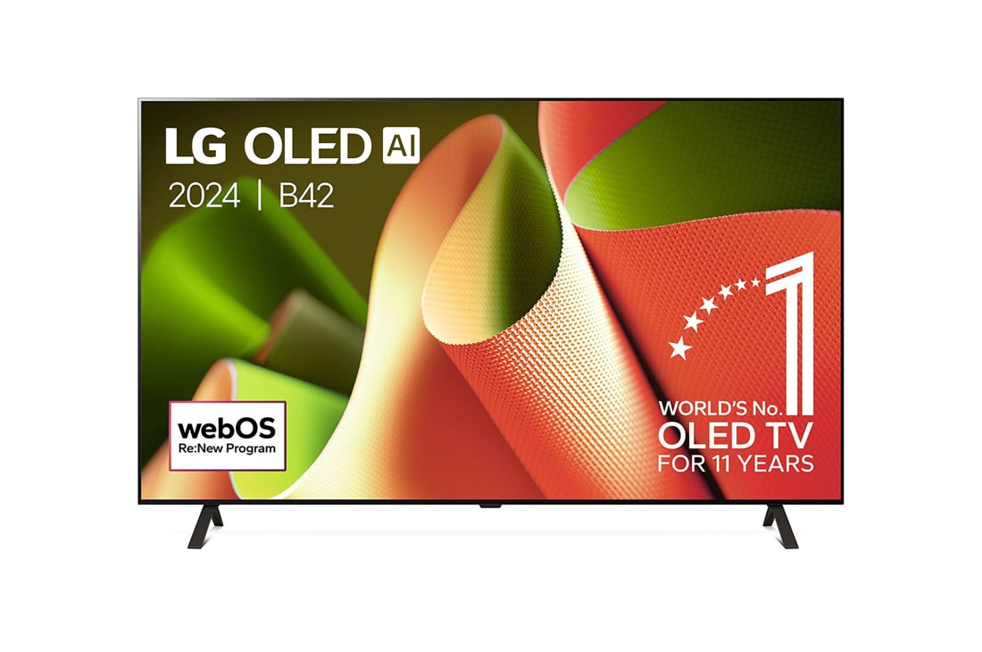 LG 77 pouces LG OLED AI B4 4K Smart TV OLED77B4, Vue de face avec le LG OLED TV, OLED AI B4, l’emblème OLED 11 ans numéro 1 mondial et le logo du programme webOS Re:New à l’écran sur un support à deux pieds, OLED77B42LA