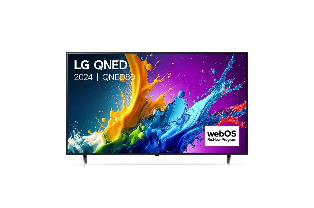 LG Smart TV LG QNED QNED80 4K 75 pouces 2024, Vue de face du téléviseur LG QNED, QNED80 avec le texte LG QNED, 2024, et le logo webOS Re:New Program à l’écran., 75QNED80T6A