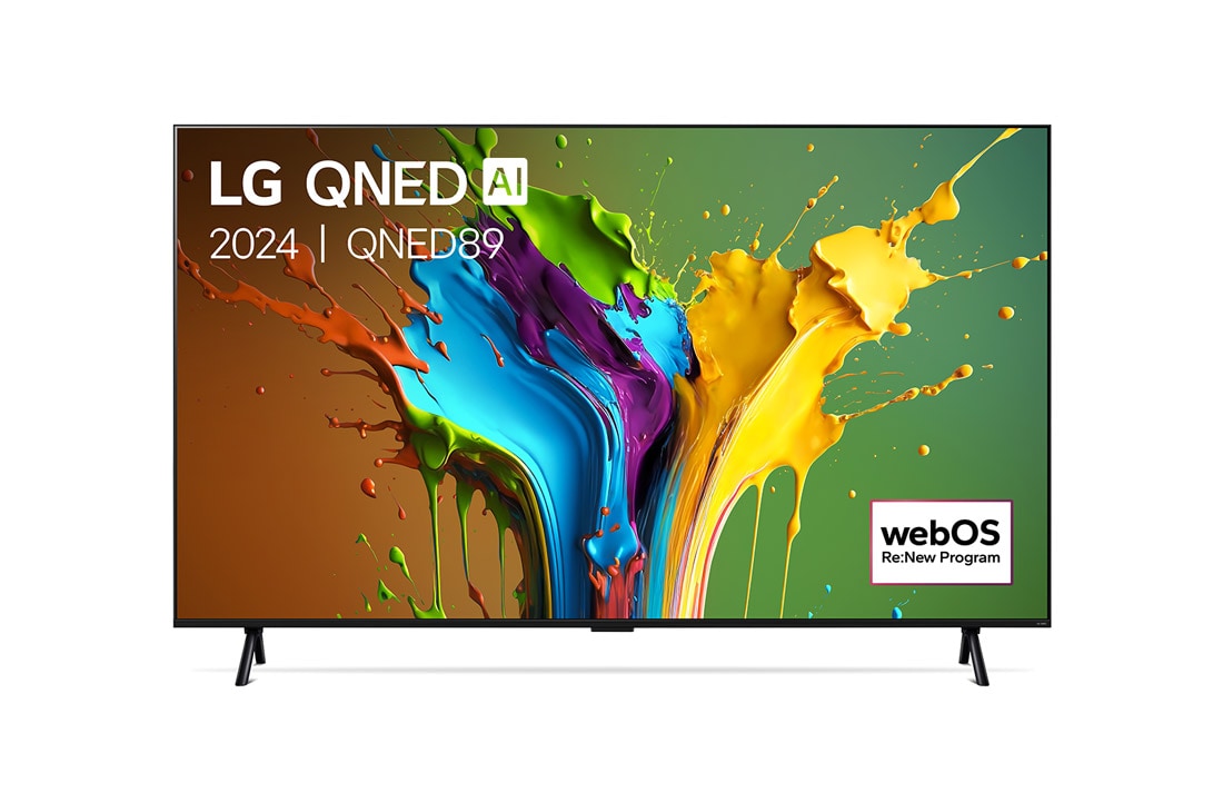 LG Smart TV LG QNED AI QNED89 4K 98 po 2024, Vue de face du téléviseur LG QNED, QNED89 avec le texte LG QNED, 2024, et le logo webOS Re:New Program à l’écran., 98QNED89T6A