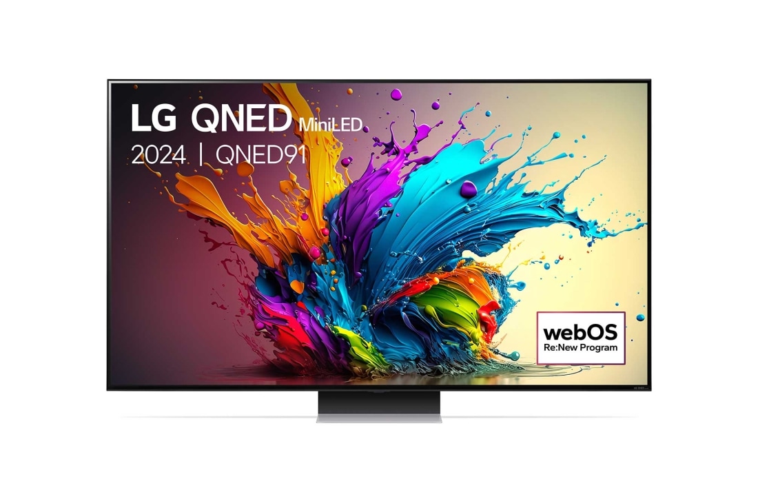 LG Smart TV LG QNED MiniLED QNED91 4K 86 pouces 2024, Vue de face du téléviseur LG QNED, QNED90 avec le texte LG QNED MiniLED, 2024, et le logo webOS Re:New Program à l’écran., 86QNED91T6A