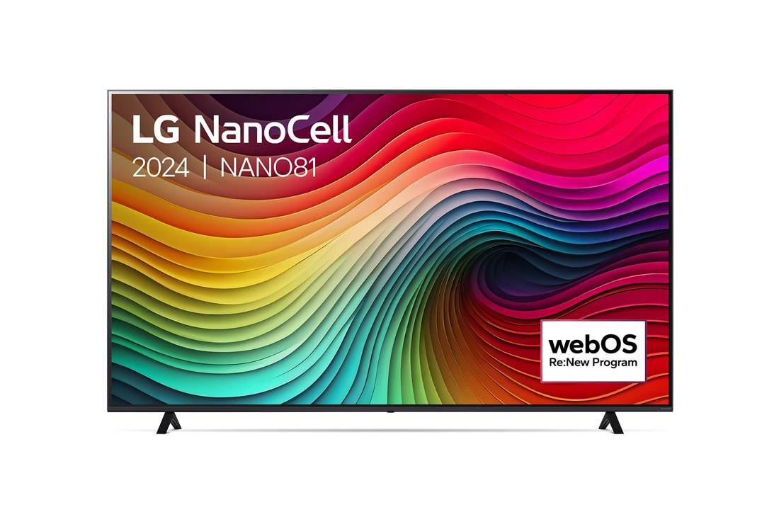 LG Smart TV LG NanoCell NANO81 4K de 75 pouces 2024, Vue de face du téléviseur LG NanoCell, NANO81 avec le texte LG NanoCell, 2024, et le logo webOS Re:New Program à l’écran., 75NANO81T6A