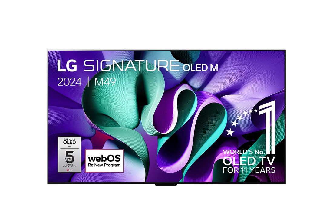 LG 97 pouces LG OLED SIGNATURE M4 4K Smart TV 2024, Vue de face du LG OLED M4 sur le support en dessous avec emblème OLED 11 ans numéro 1 mondial, logo webOS Re:New Program et logo de la garantie de 5 ans sur le panneau à l’écran, OLED97M49LA