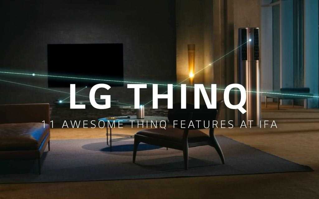 LG ThinQ en action dans un salon sombre avec le climatiseur, la télévision ou encore le purificateur d’air, travaillant en harmonie grâce à l’intelligence artificielle.