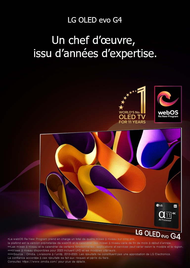 Un LG OLED evo TV G4 affiche une œuvre d’art abstraite colorée à l’écran sur un fond noir avec des tourbillons discrets de couleur. Une lumière rayonne de l’écran et dessine des ombres colorées en dessous. Le processeur IA alpha 11 4K se trouve dans le coin inférieur droit de l’écran du téléviseur. L’emblème OLED TV 11 ans numéro 1 mondial et le logo du programme webOS Re:New sont sur l’image. Une notice indique : « Le webOS Re:New Program prend en charge un total de quatre mises à niveau sur cinq ans, le plafond est la version préinstallée de webOS et le calendrier des mises à niveau varie de fin de mois à début d’année. »  « Les mises à niveau et le calendrier de certains fonctionnalités, applications et services peut varier selon le modèle et la région. »  « Mises à niveau disponibles pour 2023 incluent UHD et les modèles ultérieurs. » « Source : Omdia. Livraisons à l’unité, 2013-2023. Les résultats ne constituent pas une approbation de LG Electronics. La confiance accordée à ces résultats se fait aux risques et périls du tiers. Consultez https://www.omdia.com/ pour plus de détails. »