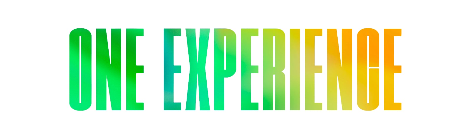 Думите „ONE EXPERIENCE“ в зелен и жълт графичен модел.