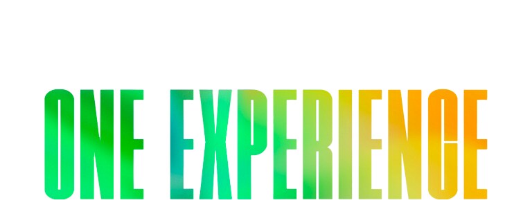 Думите „ONE EXPERIENCE“ в зелен и жълт графичен модел.