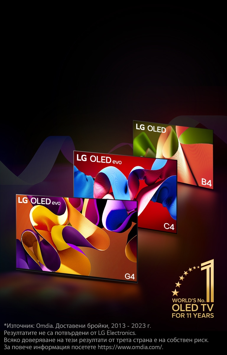 LG OLED evo TV C4, evo G4 и B4, подредени в редица на черен фон с фини цветни спирали. На изображението се показва емблемата „World's number 1 OLED TV for 11 Years“.  Обяснението за отказ от отговорност гласи: „Източник: Omdia. Доставени бройки, от 2013 до 2023 г. Резултатите не са потвърдени от LG Electronics. Всяко доверяване на тези резултати от трета страна е на собствен риск. За повече информация посетете https://www.omdia.com/.“