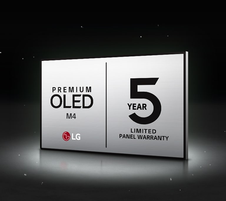 Логото на LG OLED Care+ и 5-годишната грижа за панела на черен фон.