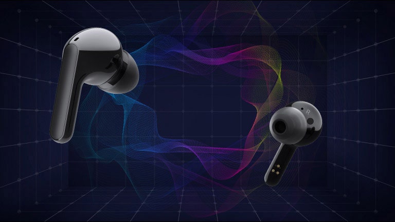 Изображение на две слушалки, които плуват във виртуалното пространство, обкръжени от цветни светлини