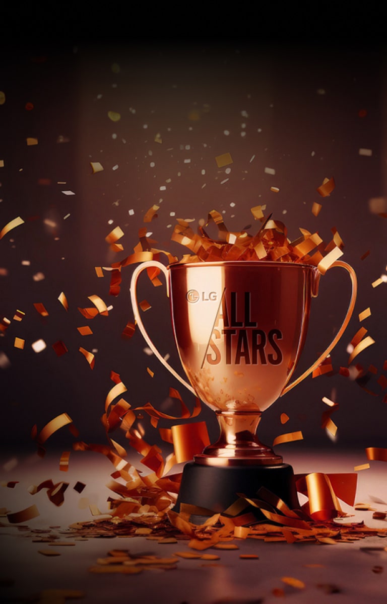 Има златен трофей с гравиран надпис LG All Stars, а около него избухват фойерверки.