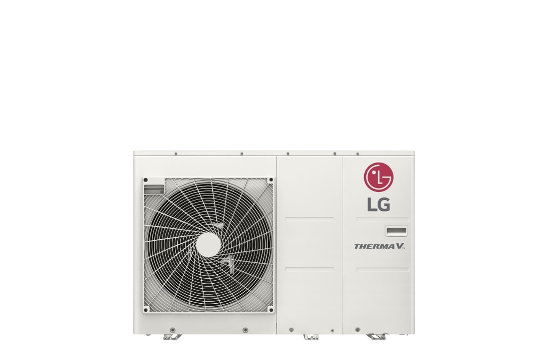 LG R32 Monobloc S, 1Ø, 7kW, Изглед отпред на бял правоъгълен LG R32 Monobloc S с един кръгъл вентилатор и лого на LG горе вдясно., HM071MR U44