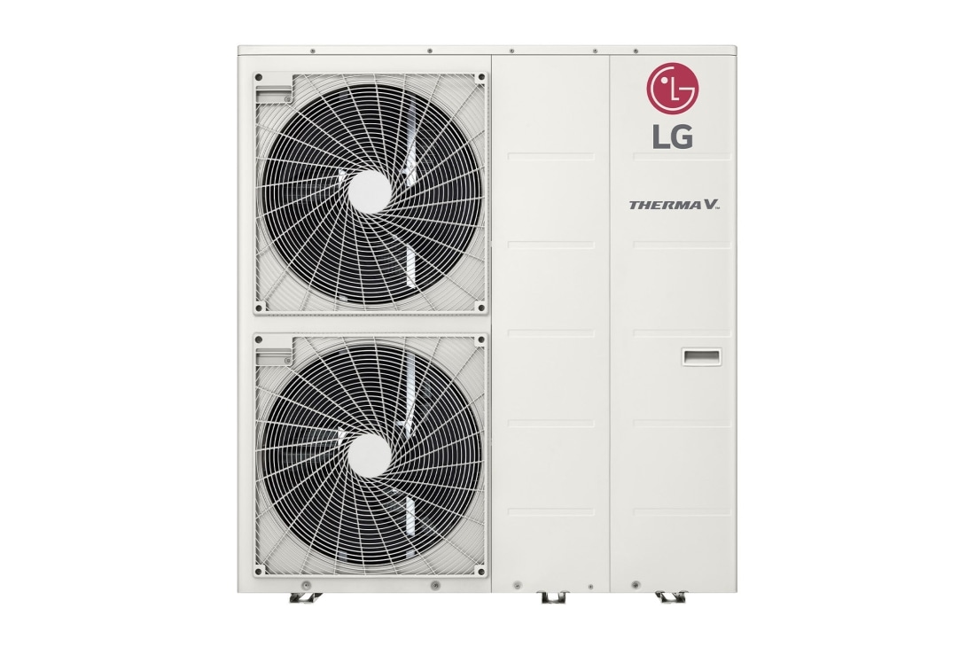 LG R32 Monobloc S, 3Ø, 14kW, Изглед отпред на бял правоъгълен LG R32 Monobloc S с два кръгли вентилатора във вертикална посока и лого на LG горе вдясно., HM143MR U34