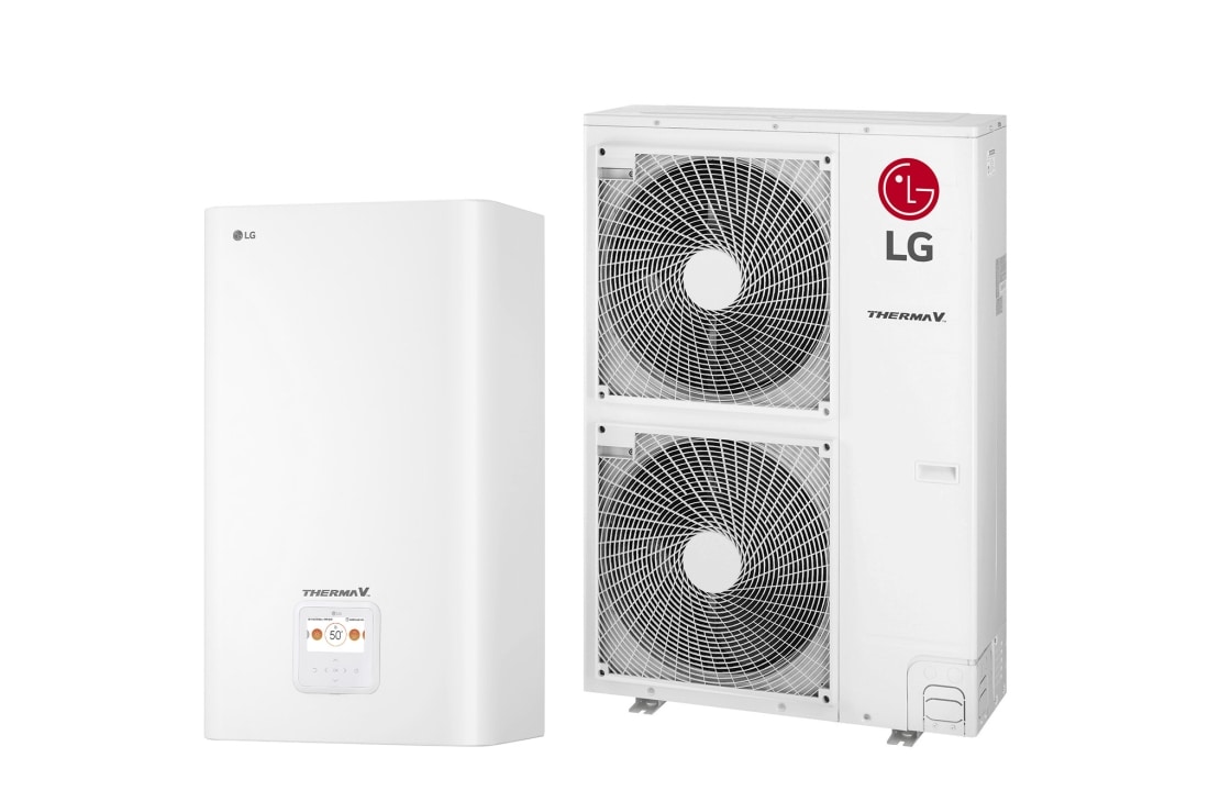 LG R410A Split Hydro Box, 3Ø, 14kW, 45-градусов изглед отдясно на бяло правоъгълно вътрешно тяло и външно тяло с два кръгли вентилатора, показани едно до друго., HN1636M NK5 + HU143MA U33