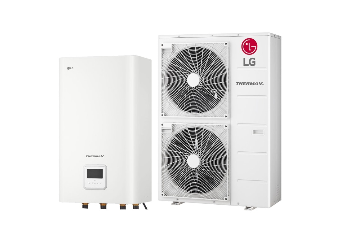 LG R32 Hydrosplit Hydro Box, 3Ø, 16kW, 45-градусов изглед отдясно на бяло правоъгълно вътрешно тяло и стоящо на пода външно тяло с два кръгли вентилатора, показани едно до друго. , HN1600MC NK1 + HU163MRB U30