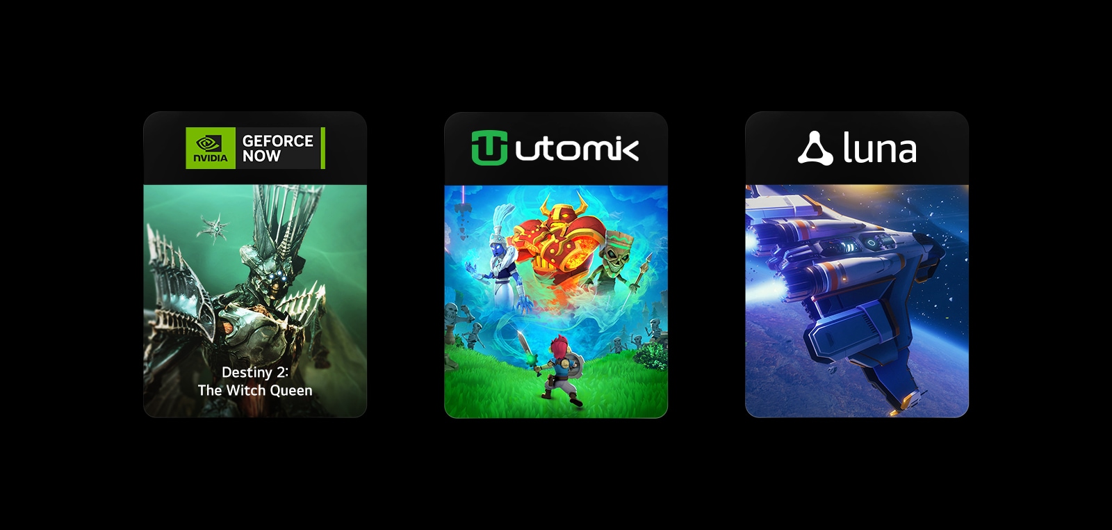 Има три блока с изображения, всеки с логото и изображенията на играта на GeForce NOW, Utomik и Luna.
