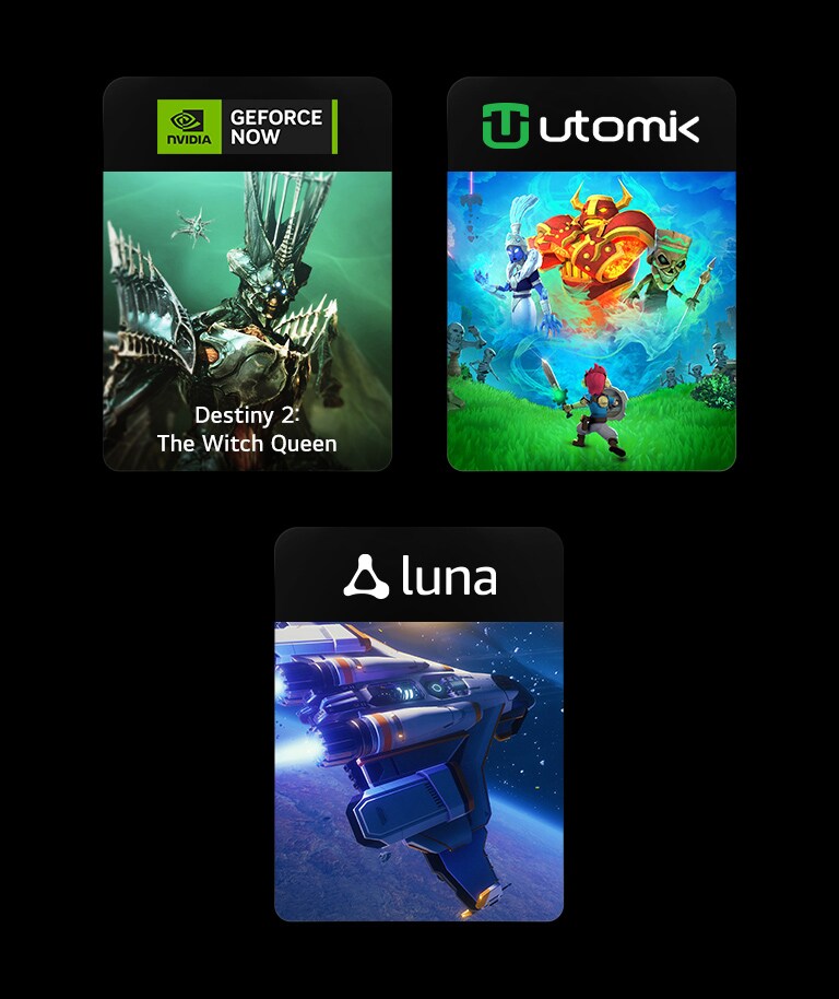 Има три блока с изображения, всеки с логото и изображенията на играта на GeForce NOW, Utomik и Luna.